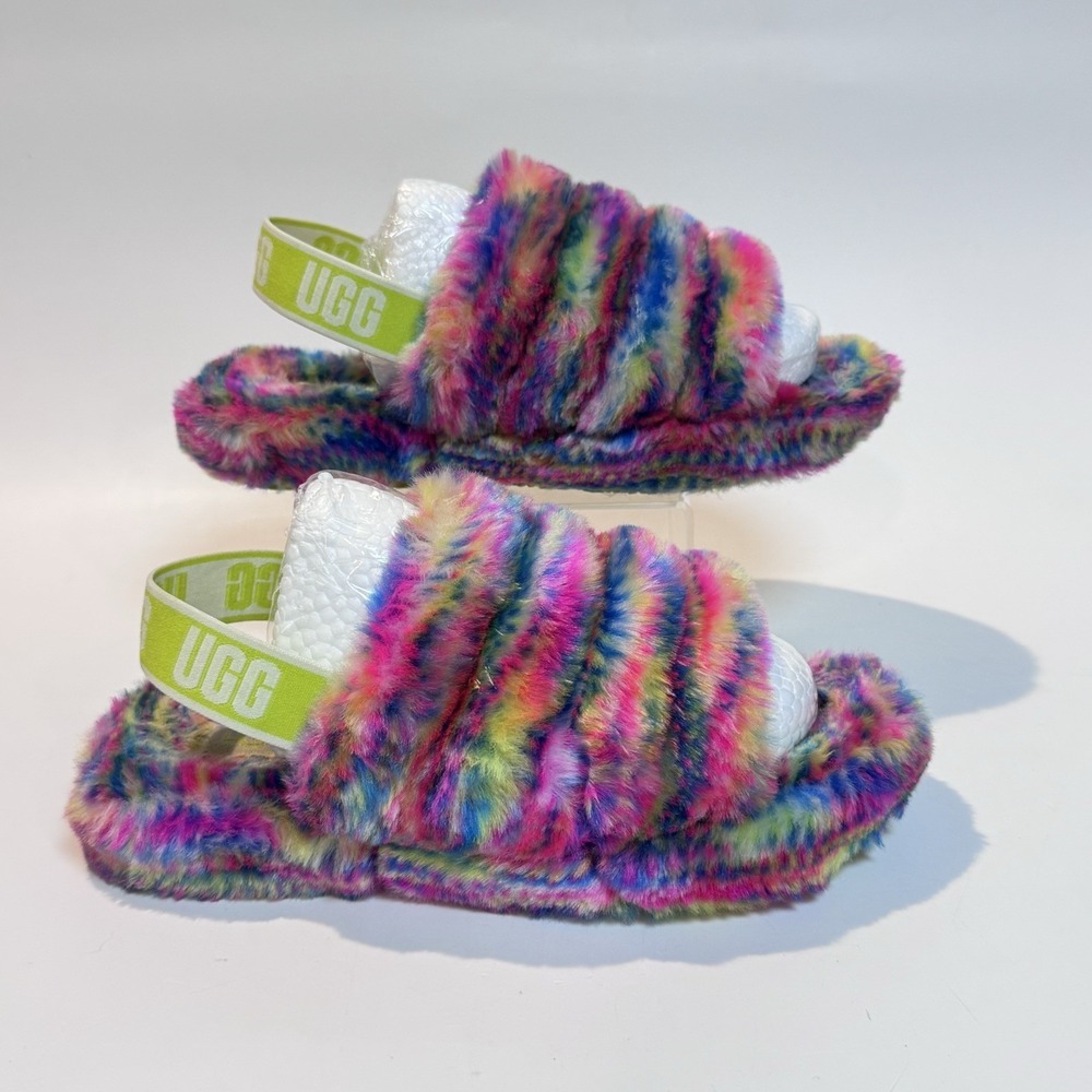 UGG Rainbow Fluff Yeah Slides Faux Fur Slingback Slippers Size 4 VGC